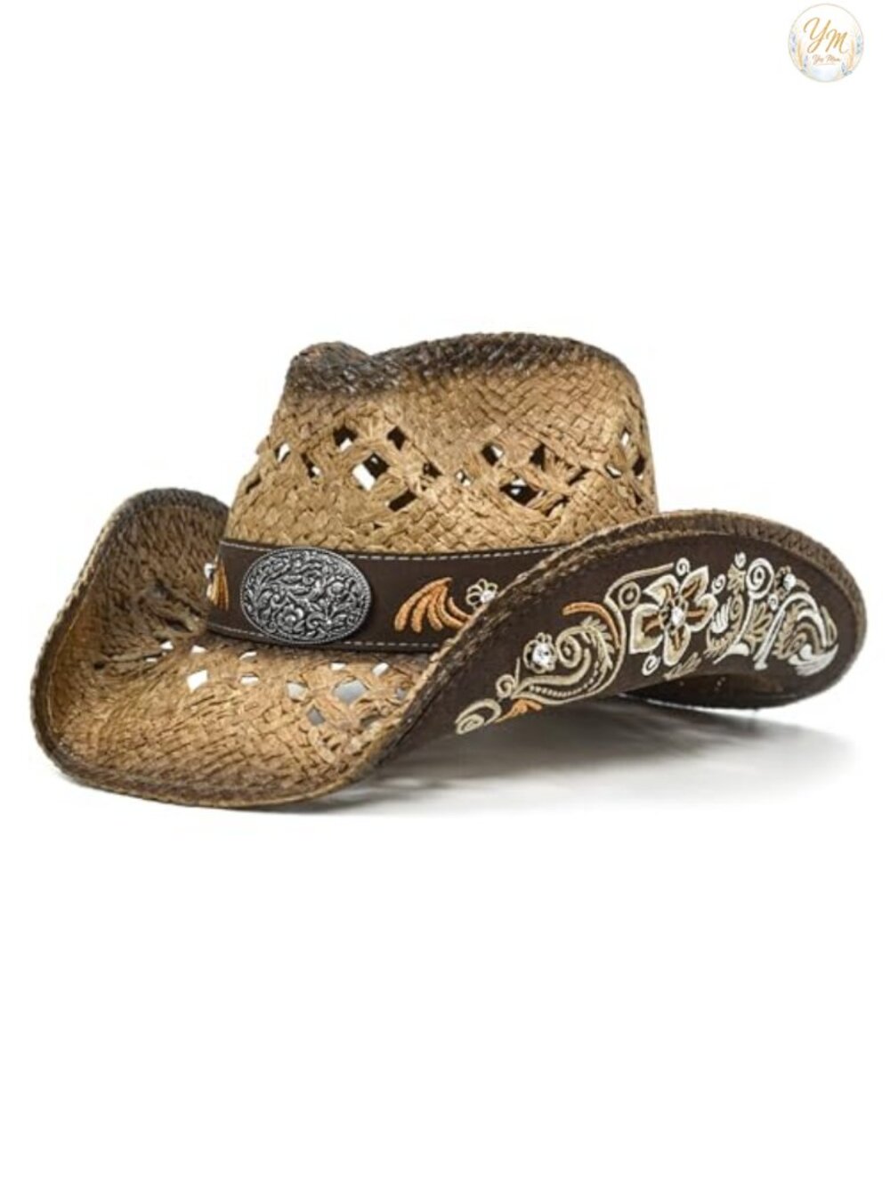 Handmade Straw Cowboy Hat Embroidered Floral Rhinestones Adjustable Western Hat